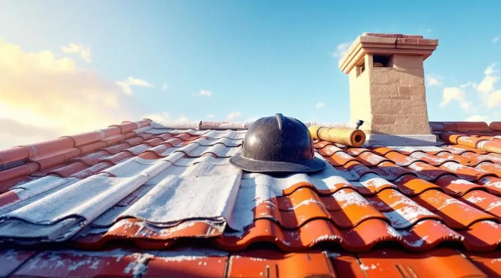 Commercial building with a new Spanish tile roof under a clear sky in Randolph