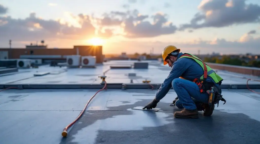 Commercial building with a newly installed flat roof under a clear sky in Randolph
