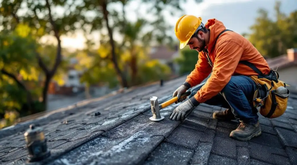 Roofing contractor inspecting a damaged asphalt shingle roof in Randolph