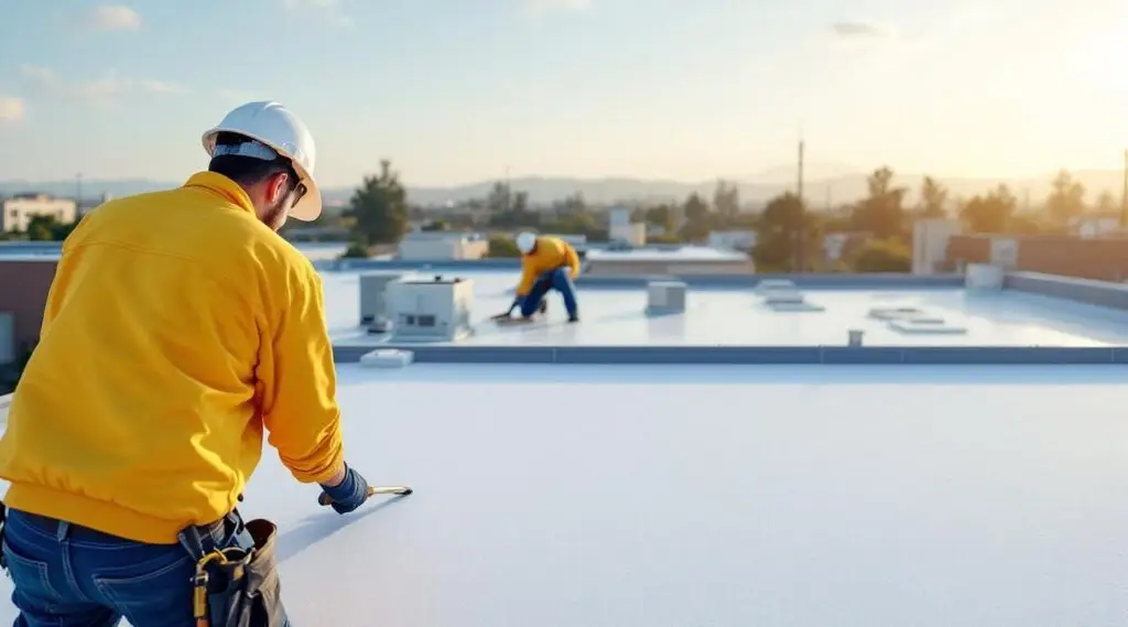 Commercial building with a newly installed white TPO roof membrane under a clear sky in Randolph